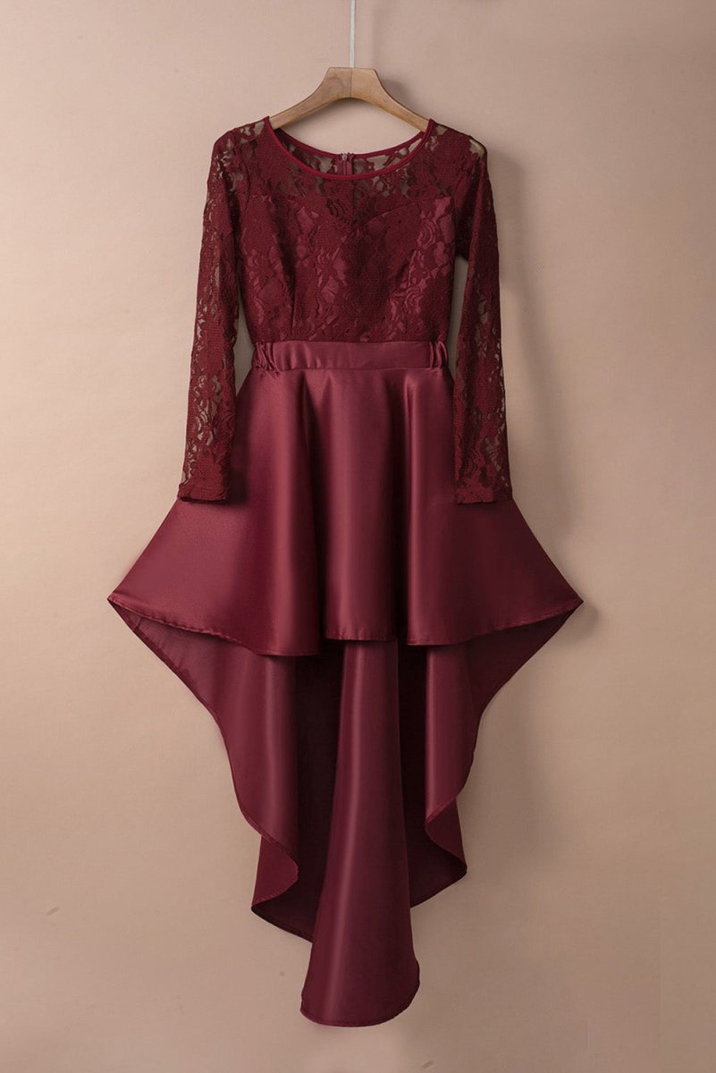 Spliced Lace High-Low Long Sleeve Dress - TapLike