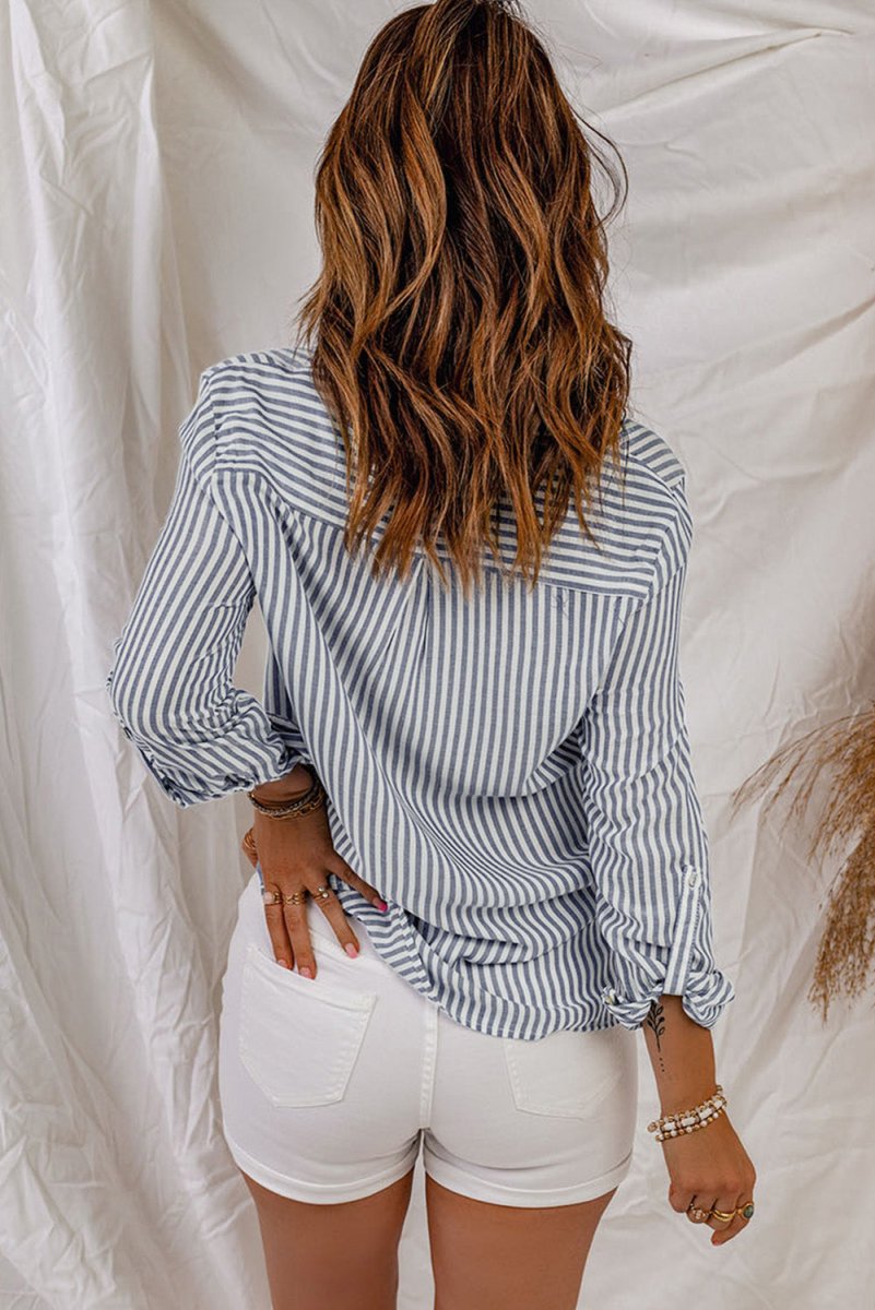 Striped Button-Up Roll-Tab Sleeve Shirt - TapLike