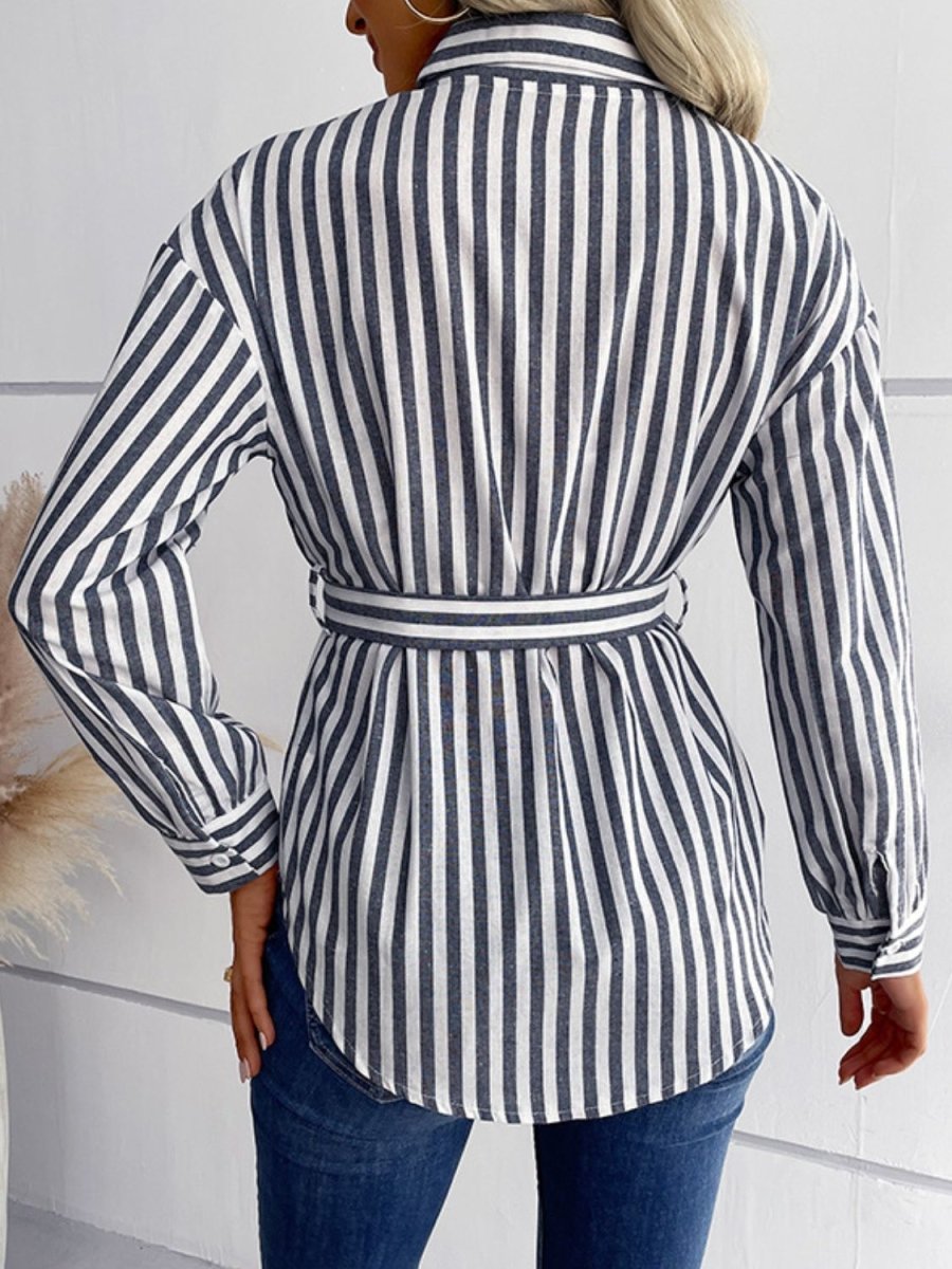 Striped Curved Hem Belted Shirt - TapLike