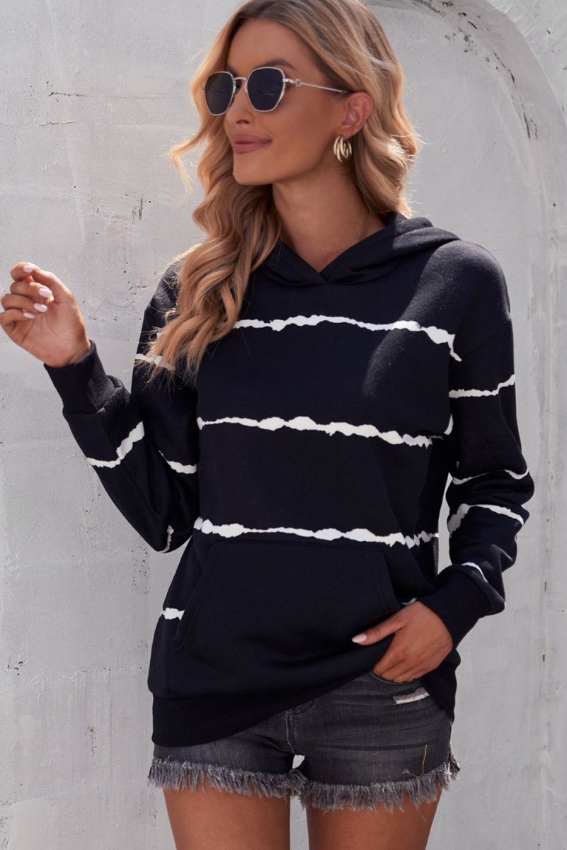 Striped Drop Shoulder Hoodie with Kangaroo Pocket 10010050745 - TapLike