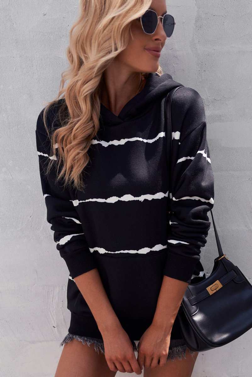 Striped Drop Shoulder Hoodie with Kangaroo Pocket 10010050745 - TapLike