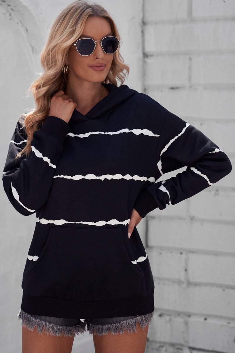 Striped Drop Shoulder Hoodie with Kangaroo Pocket 10010050745 - TapLike