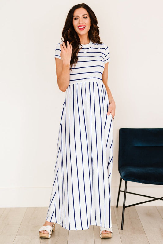 Striped Short Sleeve Crewneck Maxi Dress - TapLike