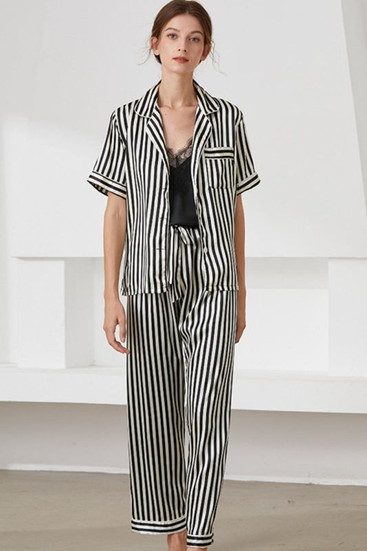 Striped Short Sleeve Shirt, Pants, and Cami Pajama Set - TapLike