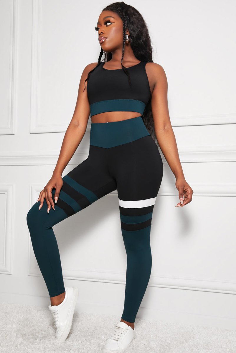 Striped Sports Bra and High Waisted Yoga Leggings Set 10010017769 - TapLike