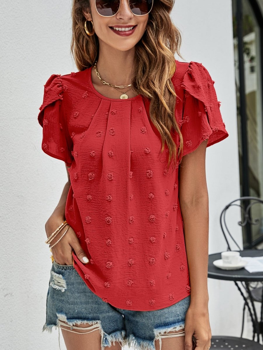 Swiss Dot Round Neck Petal Sleeve Top X - Taplike