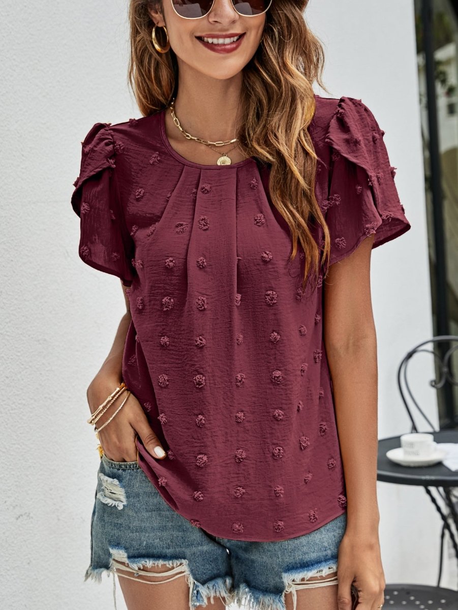 Swiss Dot Round Neck Petal Sleeve Top X - Taplike