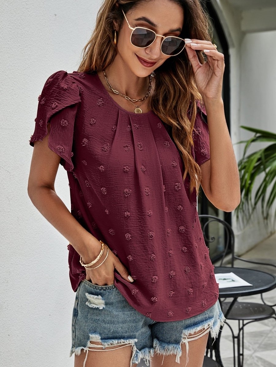 Swiss Dot Round Neck Petal Sleeve Top X - Taplike