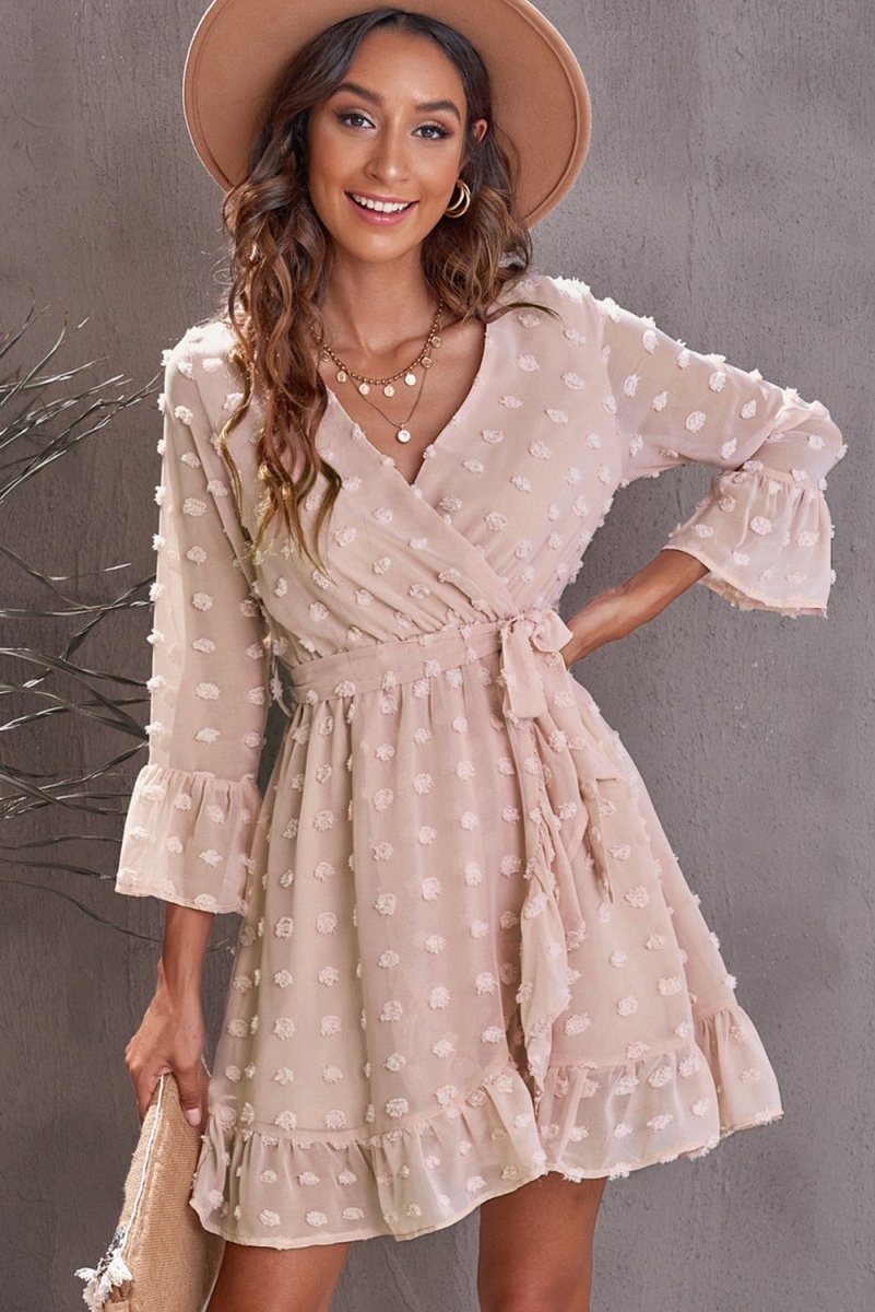 Swiss Dot Ruffled Tie-Waist Surplice Dress - TapLike