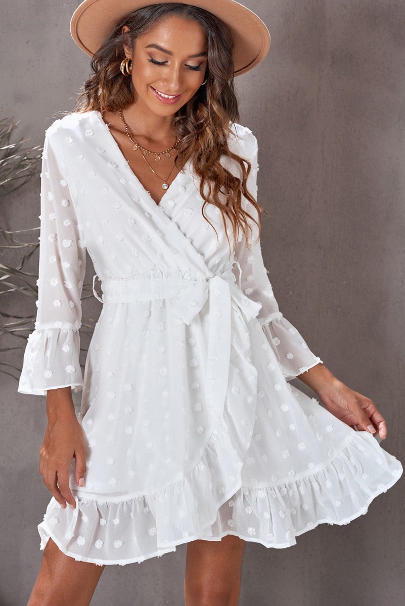 Swiss Dot Ruffled Tie-Waist Surplice Dress - TapLike