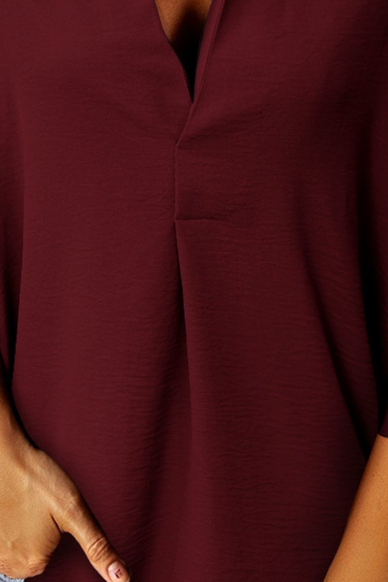 Textured Johnny Collar Three-Quarter Sleeve Blouse 10010056420 - TapLike
