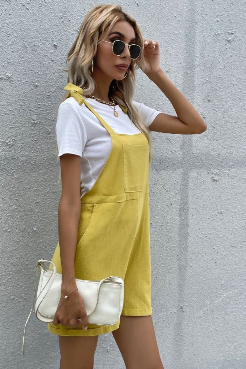 Tie Cuffed Short Overalls with Pockets X - Taplike