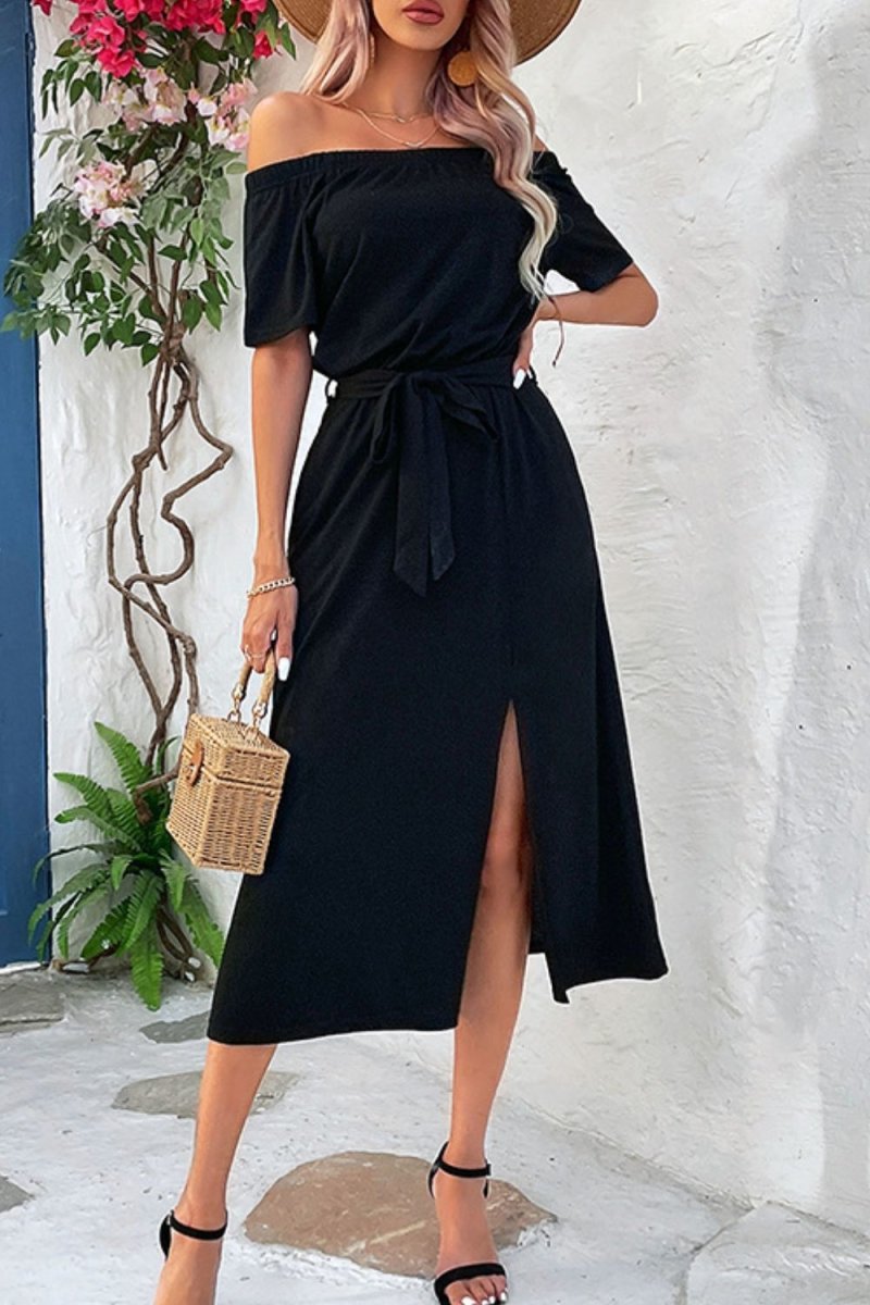 Tie-Waist Off-Shoulder Split Dress - TapLike