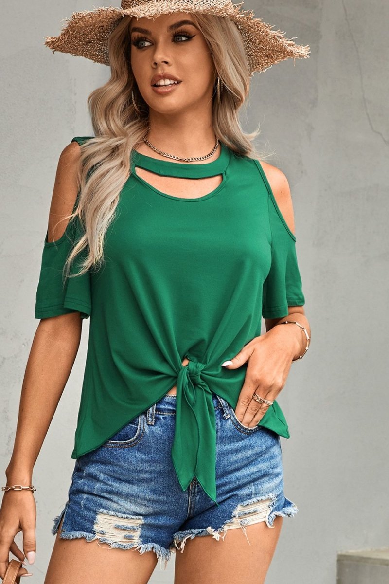 Tied Cutout Cold-Shoulder Top 10010006945 - TapLike
