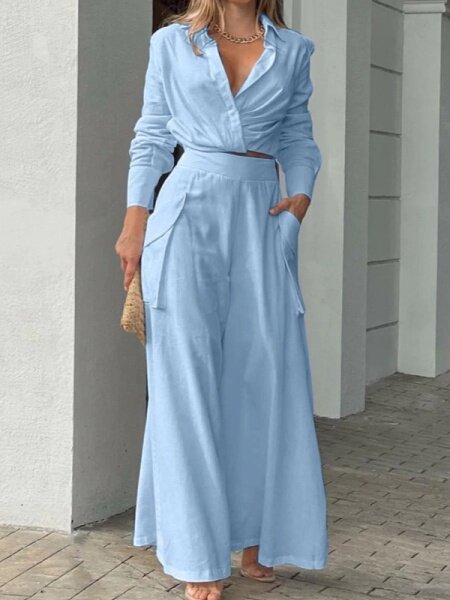 Two Piece Set of High Waisted Wide Leg Pants and Long Sleeve Top HFHSDETNPT - TapLike
