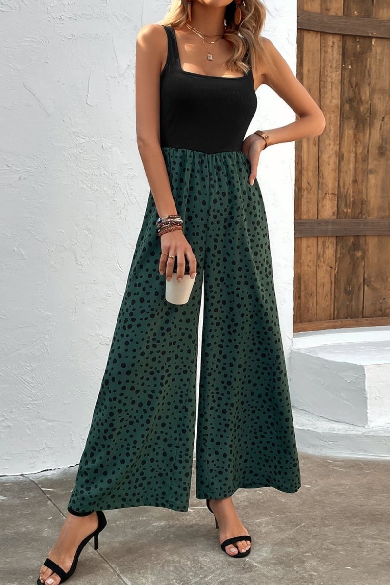 Two-Tone Square Neck Wide Leg Jumpsuit - Taplike