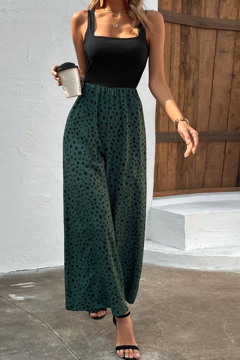 Two-Tone Square Neck Wide Leg Jumpsuit - Taplike