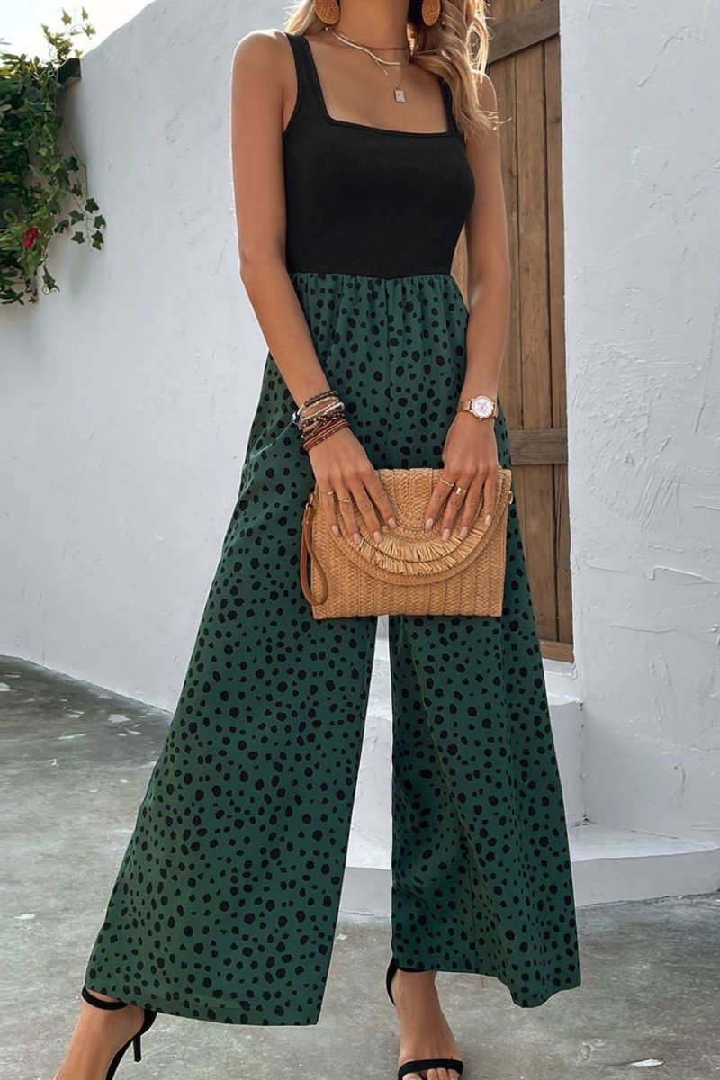 Two-Tone Square Neck Wide Leg Jumpsuit - Taplike