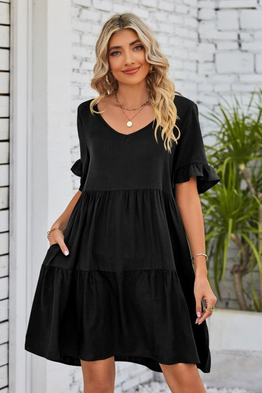 V-Neck Flounce Sleeve Tiered Dress - Taplike