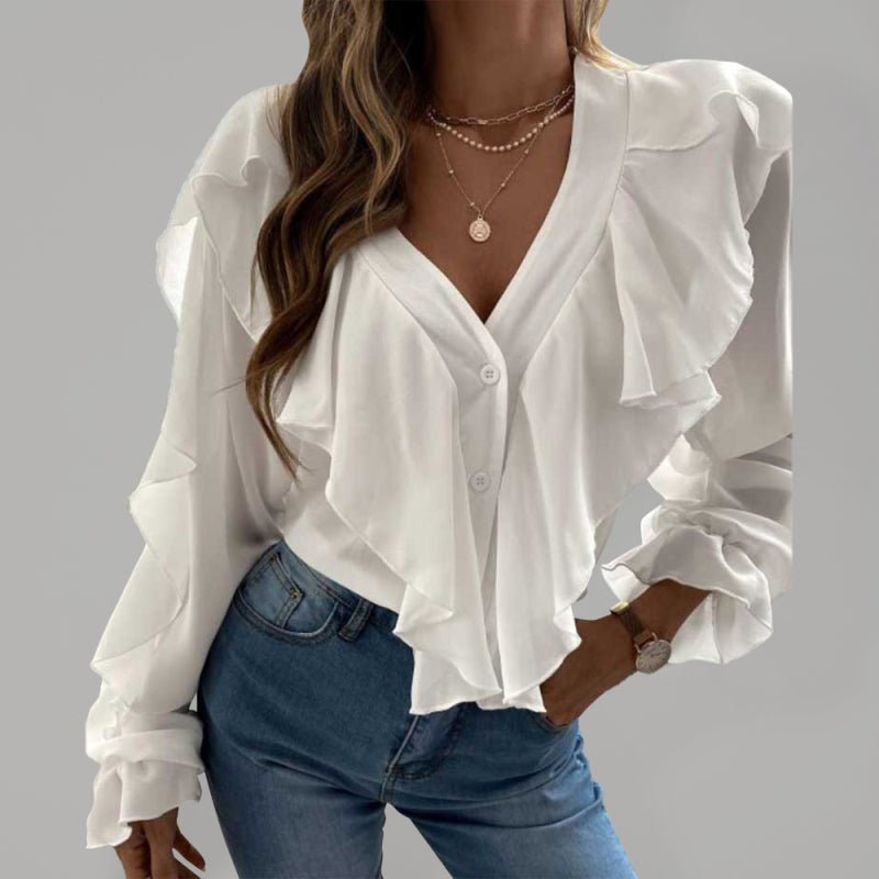 V Neck Ruffle Top Shirt Long Sleeves - Taplike