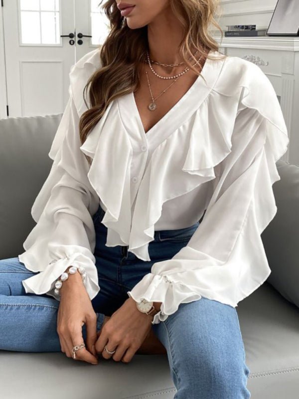 V Neck Ruffle Top Shirt Long Sleeves - Taplike