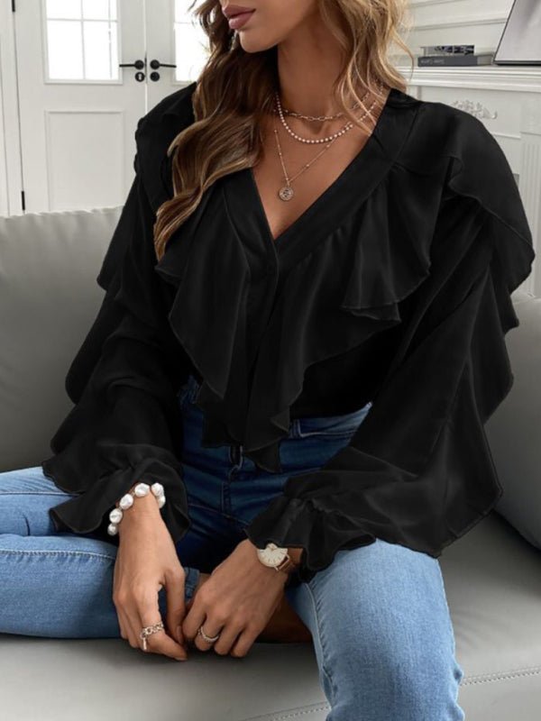 V Neck Ruffle Top Shirt Long Sleeves - Taplike