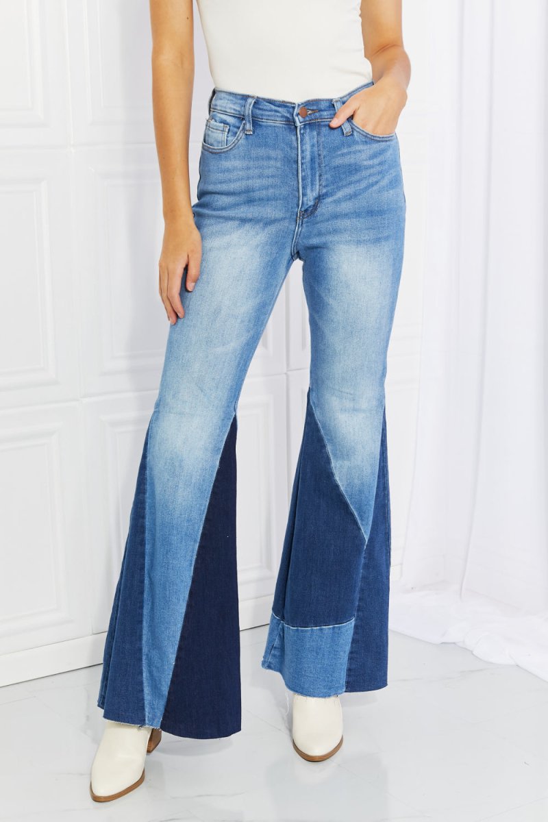 Vibrant Sienna Full Size Color Block Flare Jeans 10010005401 - TapLike