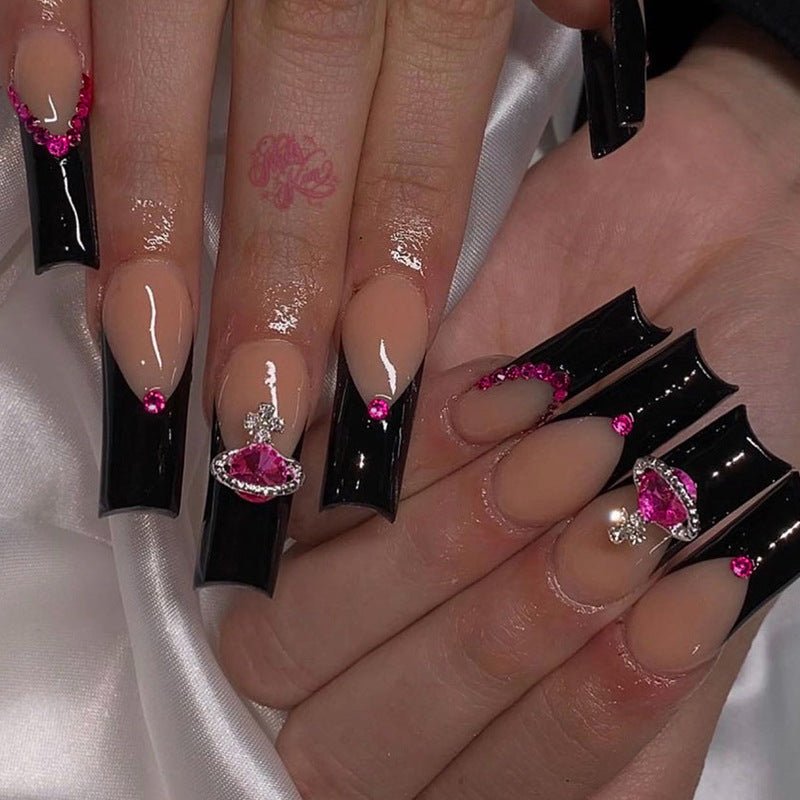Wear Armor French Black Edge Nail Shaped Piece Queen Mother Rose Rhinestone Fake Nails - TapLike