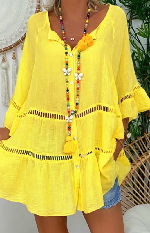 Women's 3/4 Sleeve Cotton Linen V-Neck Loose Button Cutout Plus Size Top Dress - Taplike