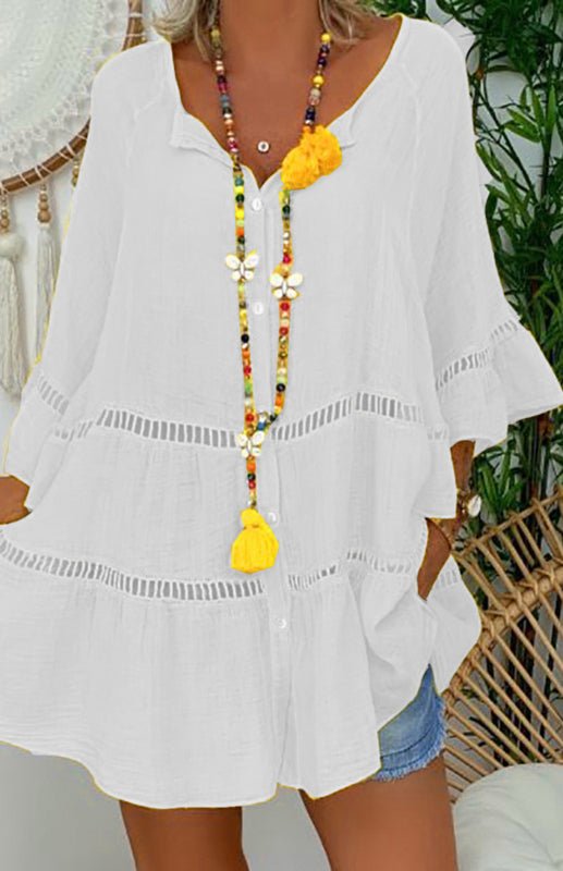 Women's 3/4 Sleeve Cotton Linen V-Neck Loose Button Cutout Plus Size Top Dress - Taplike