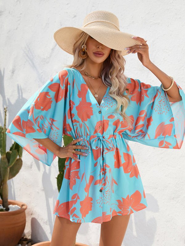Women's Beach Dolman Half Sleeve V-neck Floral Print Adjustable Dress - Taplike