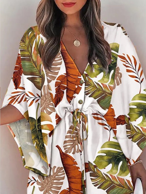 Women's Beach Dolman Half Sleeve V-neck Floral Print Adjustable Dress - Taplike