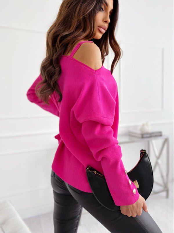 Women’s Chic Solid Color Asymmetric Neckline Embellished Long Sleeves Knit Top - TapLike