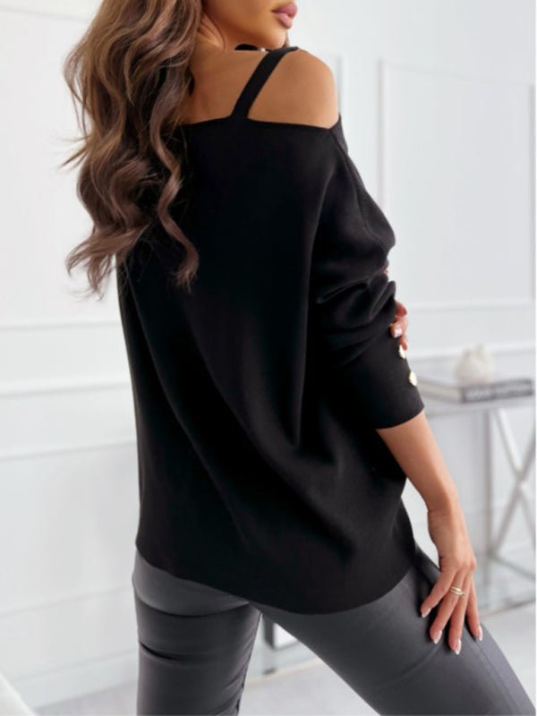 Women’s Chic Solid Color Asymmetric Neckline Embellished Long Sleeves Knit Top - TapLike