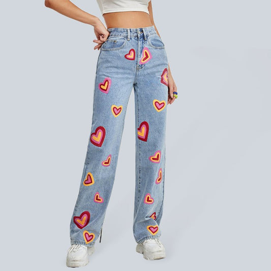 Women's Printed Hearts Loose Jeans - TapLike