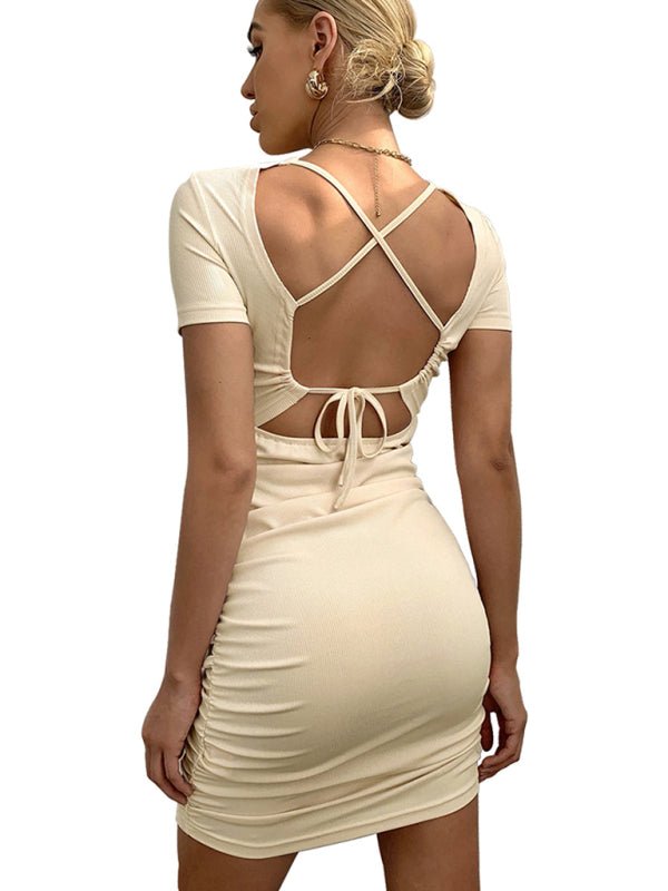 Women's sexy back hollow lace strap short -sleeved dress FSZW06612 - TapLike
