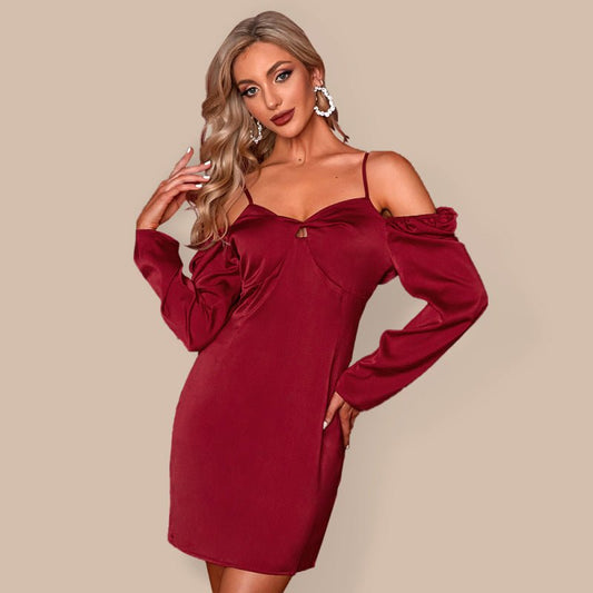 Women’s Silky Off The Shoulder Puffed Sleeve Mini Dress With Keyhole Neckline And Thin Shoulder Straps - TapLike