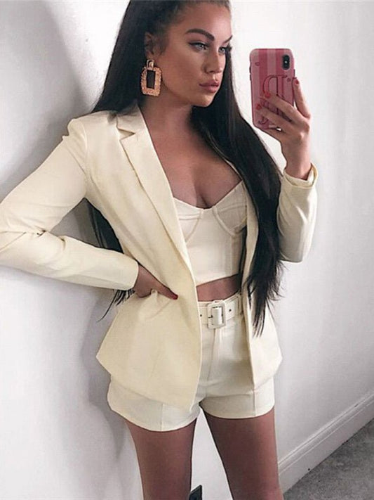 Women's Solid Color Blazer Top And Short Set - TapLike