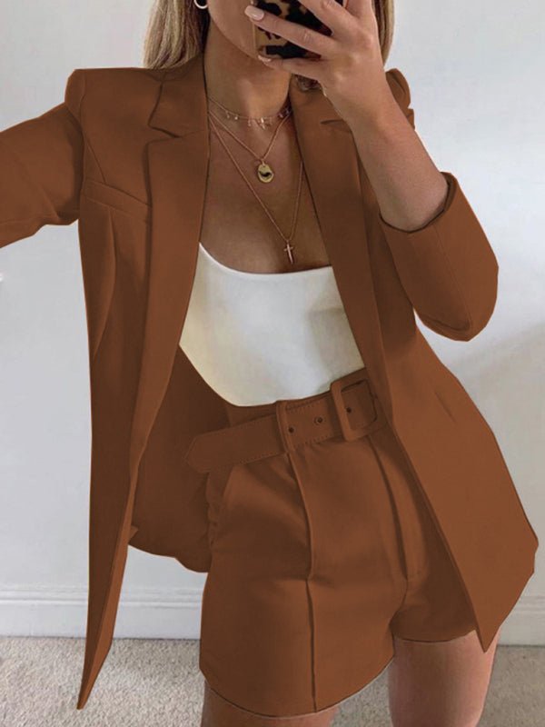 Women's Solid Color Blazer Top And Short Set - TapLike