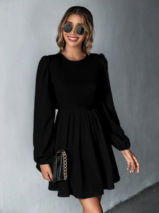 Women's Solid Color Lace-up Back Puff Long Sleeve Mini Dress - Taplike
