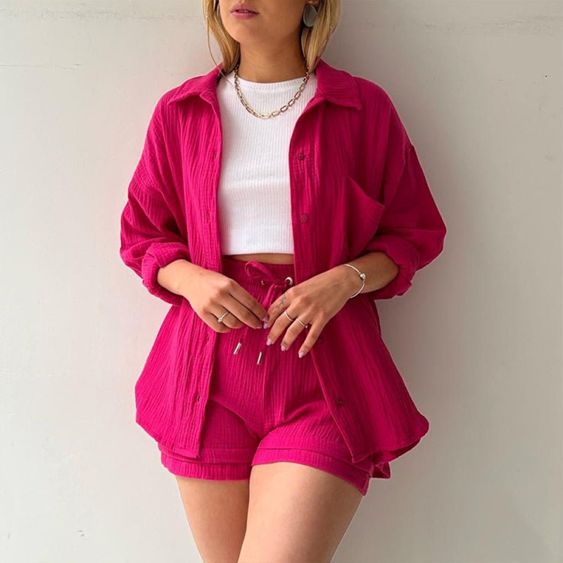 Women's Solid Color Lightweight Pleated Pattern Point Collar Button-up Top Matching Short Set - Taplike