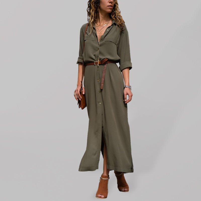 Women's Solid Color Long Sleeve Midi Shirtdress - TapLike