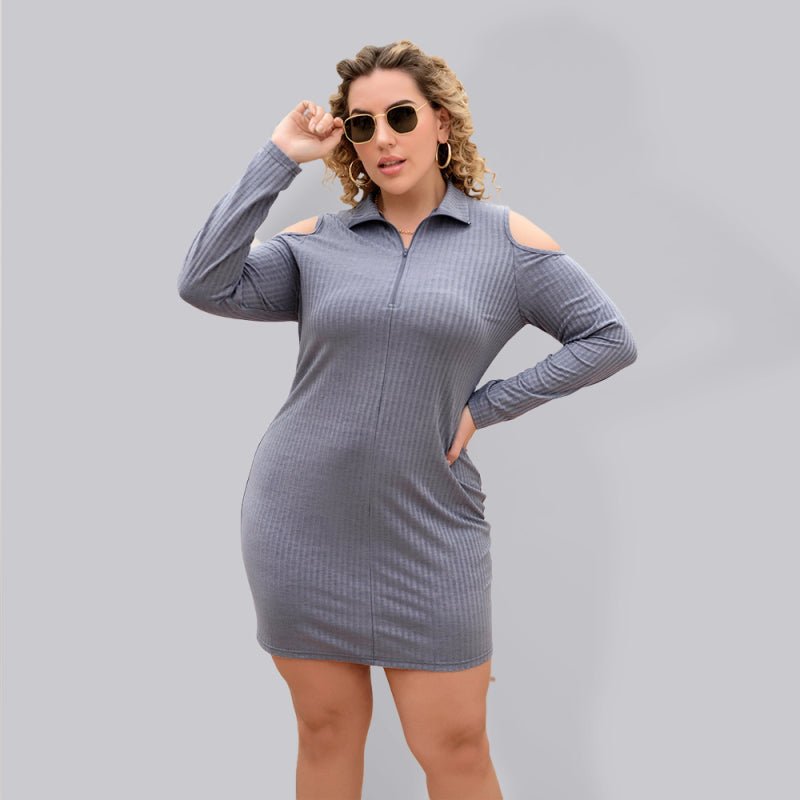 Women's Solid Color Plus Size Cold Shoulder Long Sleeve Mini Shirtdress - TapLike