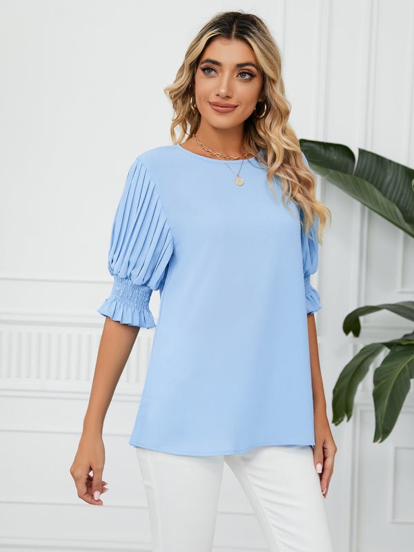 Women's Solid Color Puff-sleeve Crewneck Top - Taplike