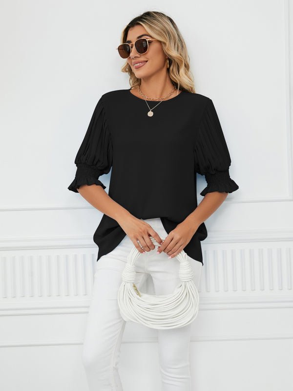 Women's Solid Color Puff-sleeve Crewneck Top - Taplike