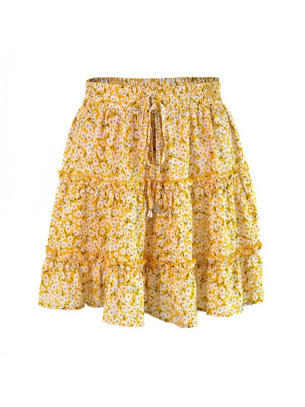 Women's Solid Color Tiered Ruffle Waist Tie Mini Skirt FSZW12056 - TapLike