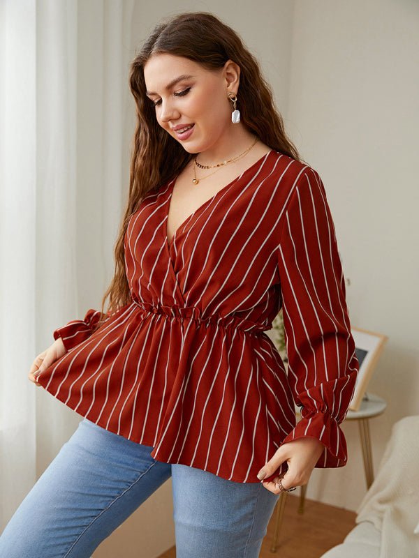 Women’s Stripe Faux Wrap Ruffle Long Sleeve Top - Taplike
