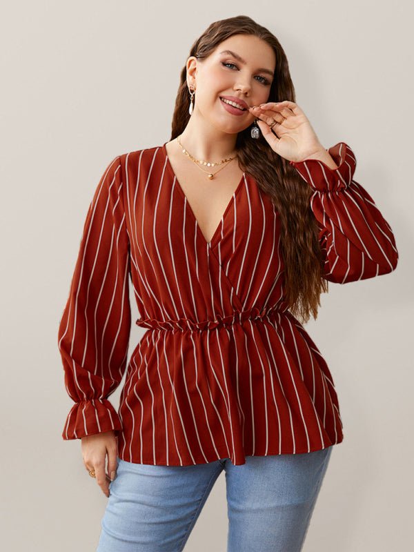 Women’s Stripe Faux Wrap Ruffle Long Sleeve Top - Taplike