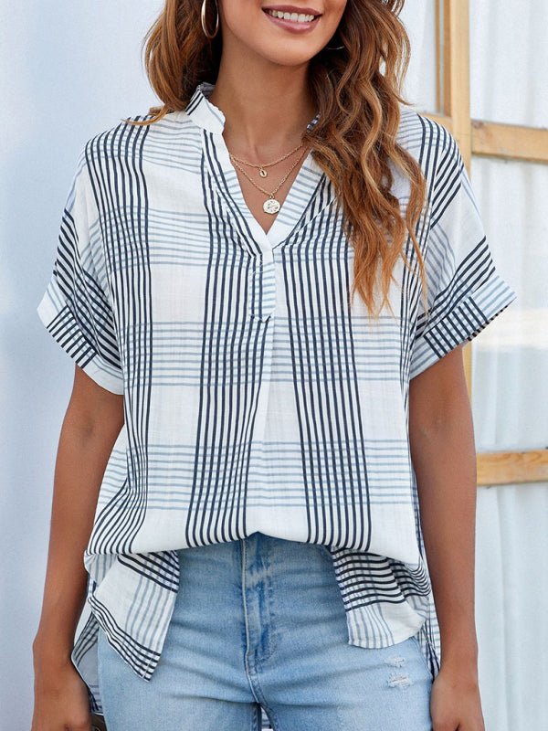 Women's V-neck Striped Short-sleeved Front Button Top - Taplike