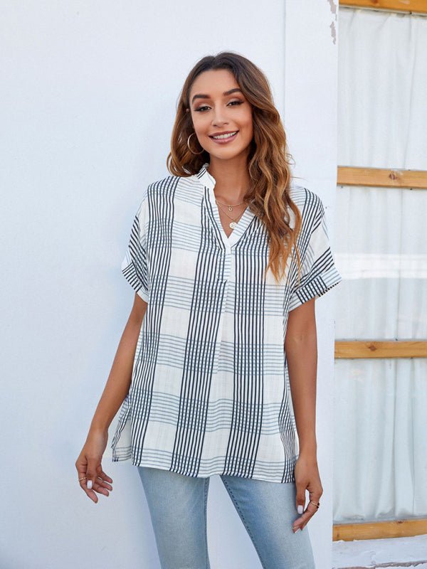 Women's V-neck Striped Short-sleeved Front Button Top - Taplike